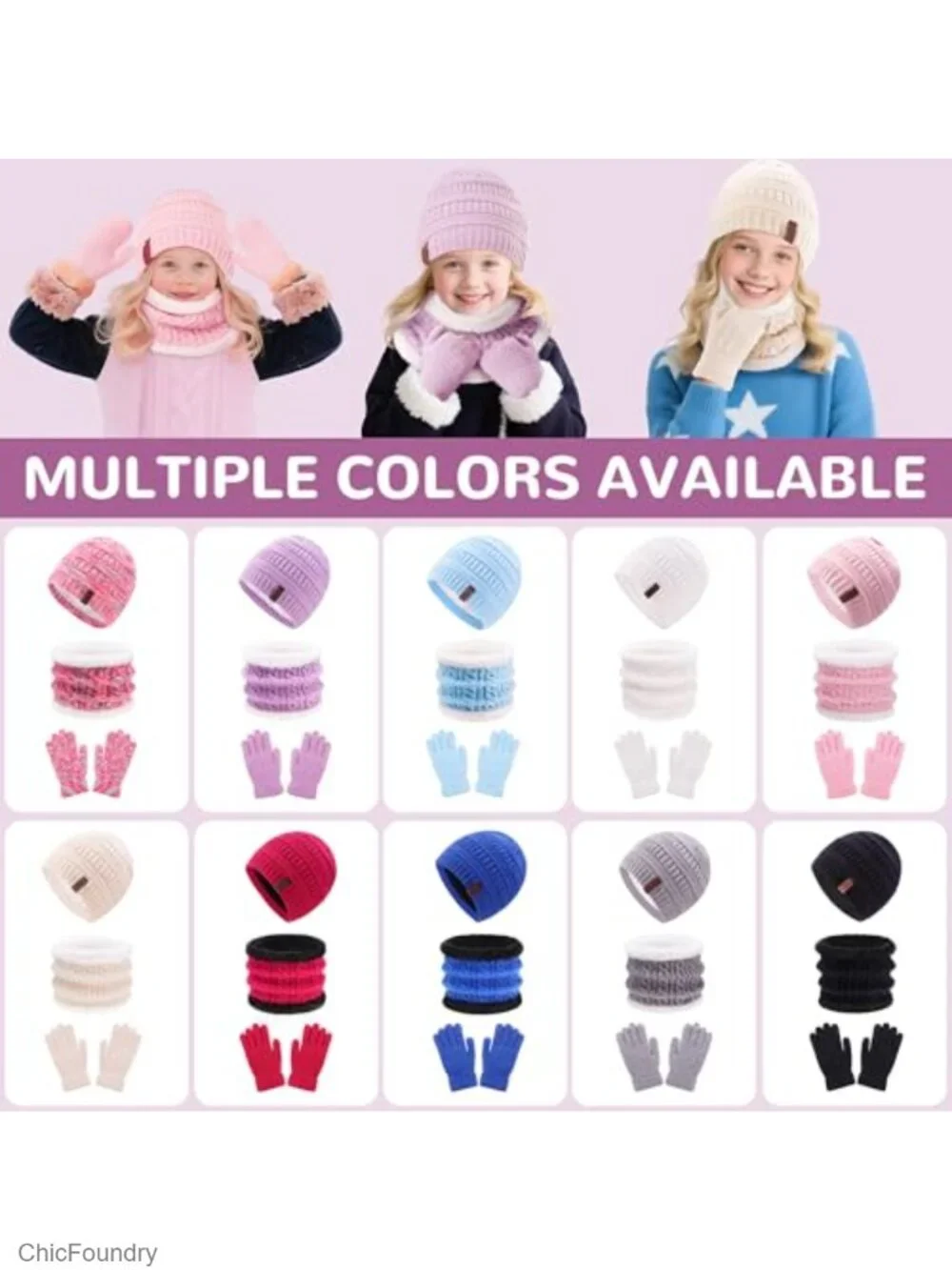 Kids Knit Fleece Lined Hat Scarf Gloves Set - Warm Thermal Winter Accessories